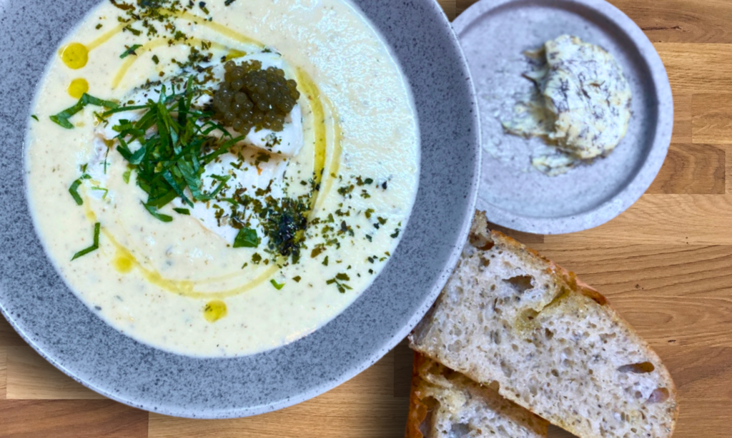Smoked fish soup with algae pearls - Lofoten Seaweed