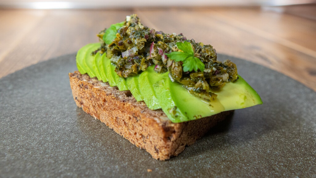 bread with avocado and seaweed tartare