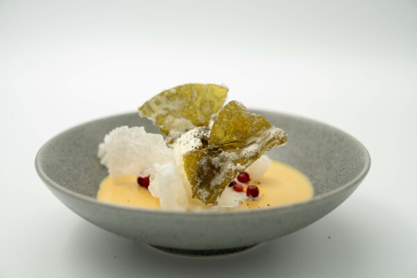 sugar kelp with ice cream and mousse
