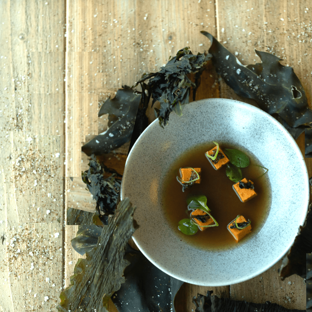 dashi with pumpkin tofu
