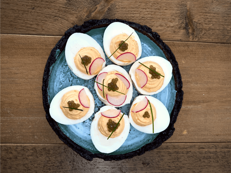 devilled eggs with algae pearls