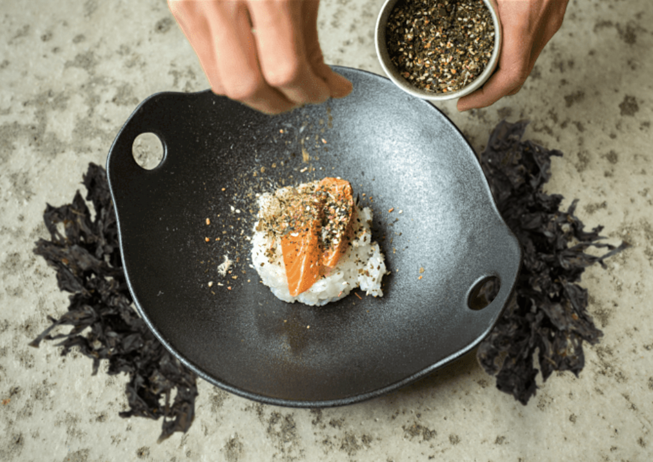 salmon nigiri with nori crisp