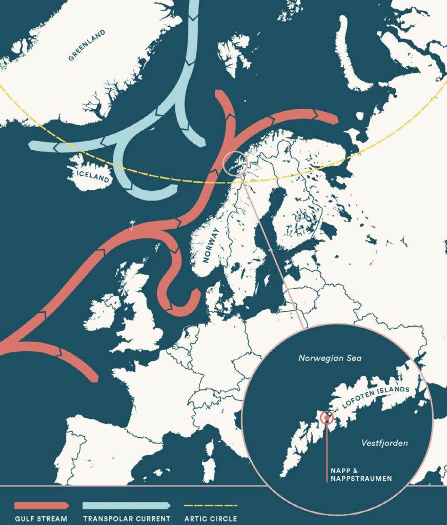 Graphic showing the gulf stream over the coast of Norway