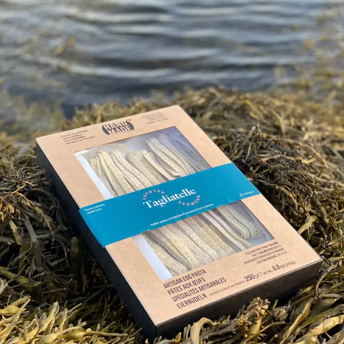 box of pasta lying in seaweed