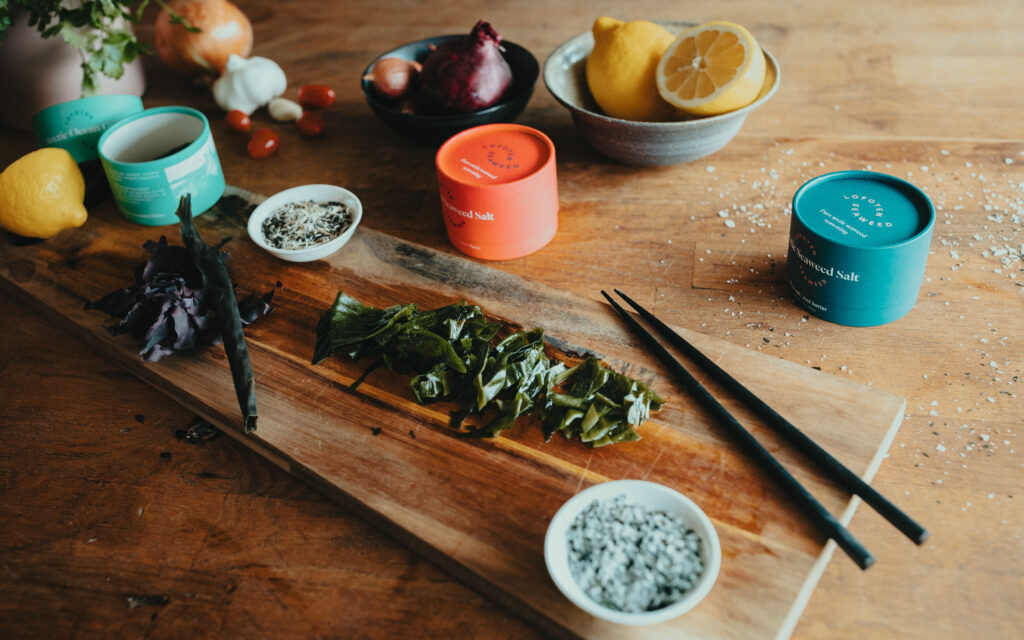 Lofoten Seaweed seasonings on a wooden worktop
